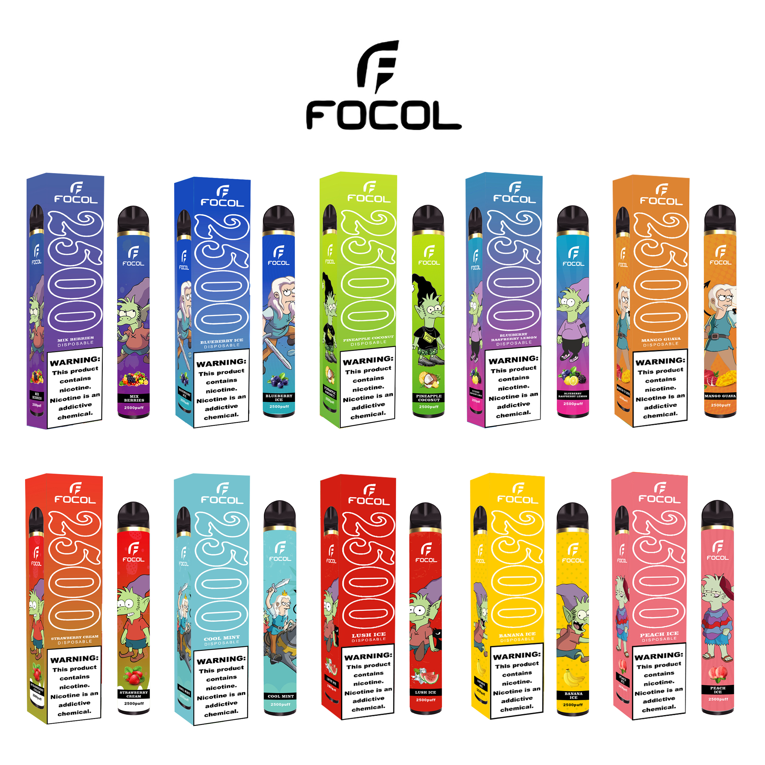 2500 Puffs Rechargeable Disposable Vape Kits 0/2/3/5% Nicotine